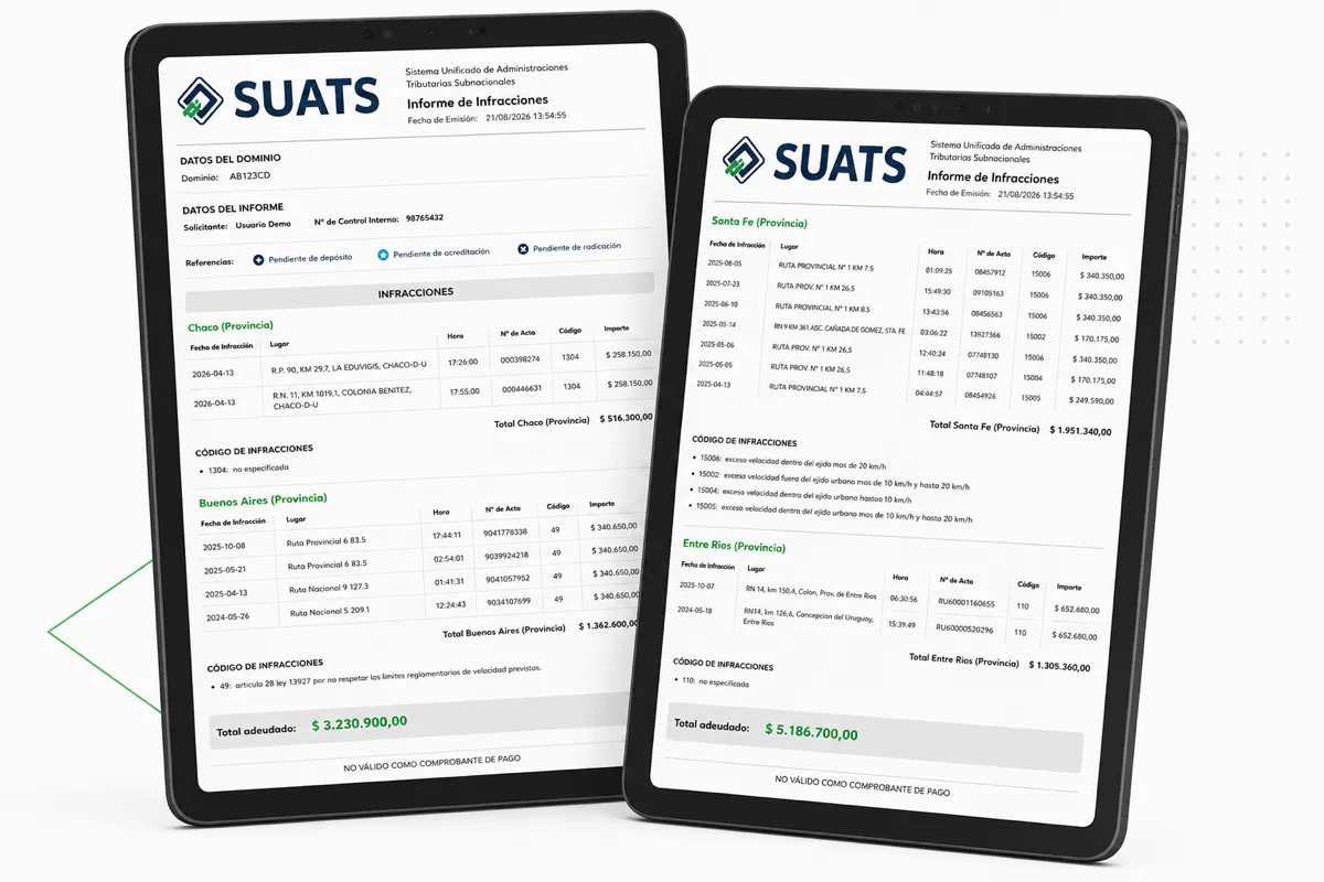 Ejemplo de informe de infracciones SUATS en dos tablets: detalle de actas por provincia con fecha, lugar, hora, número de acta, código e importe, y total adeudado. Datos ficticios.